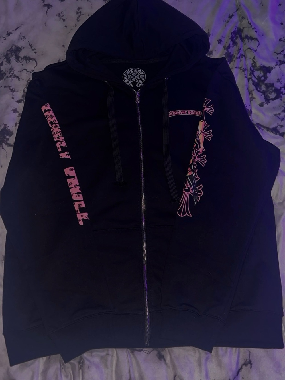 Chrome Hearts Black Zip-Up Hoodie with Pink Graphics
